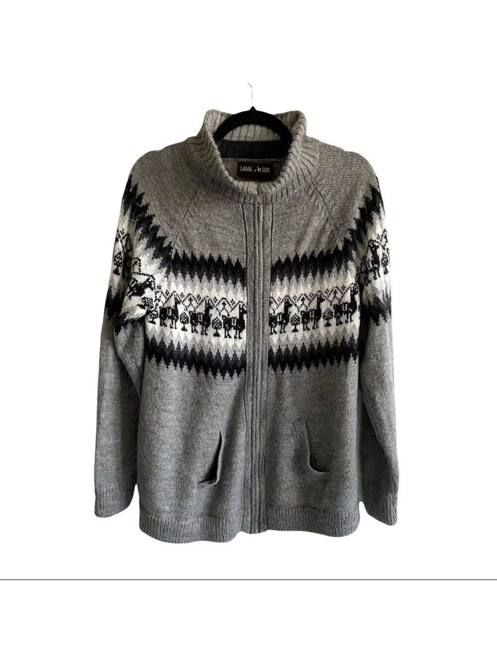 LAMA LUX Peru Zip Front Wool Cardigan Sweater Jacket Gray Black White M